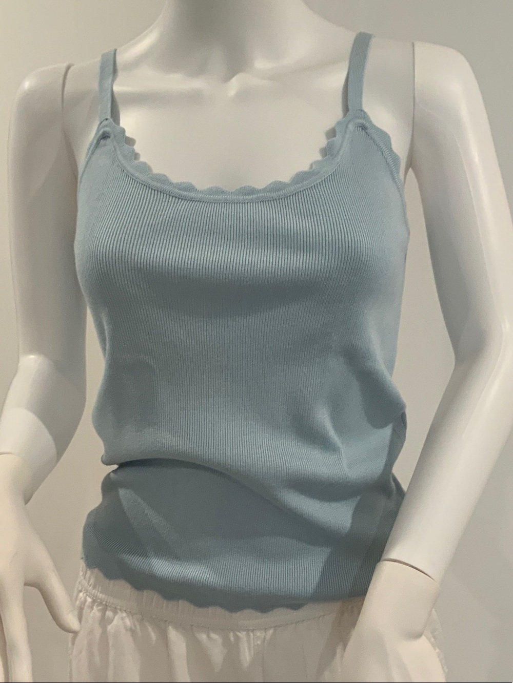Light Blue Ribbed Scallop Trim Tank Top
